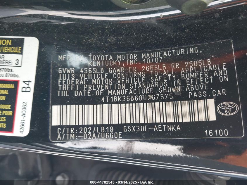 2008 Toyota Avalon Touring VIN: 4T1BK36B68U267575 Lot: 41782543