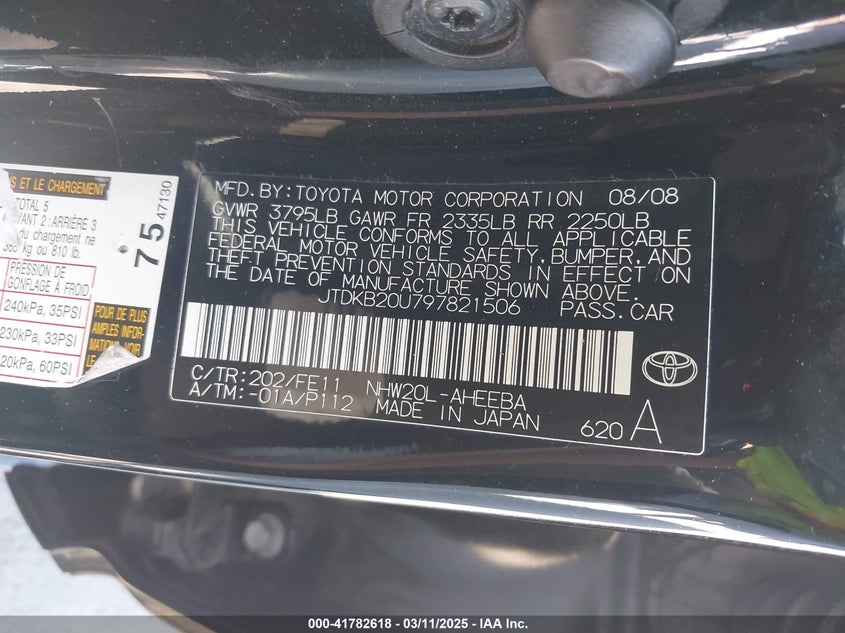 2009 TOYOTA PRIUS VIN: JTDKB20U797821506