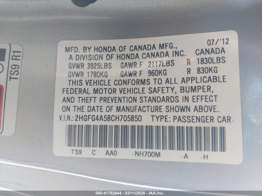 2012 HONDA CIVIC VIN: 2HGFG4A58CH705850
