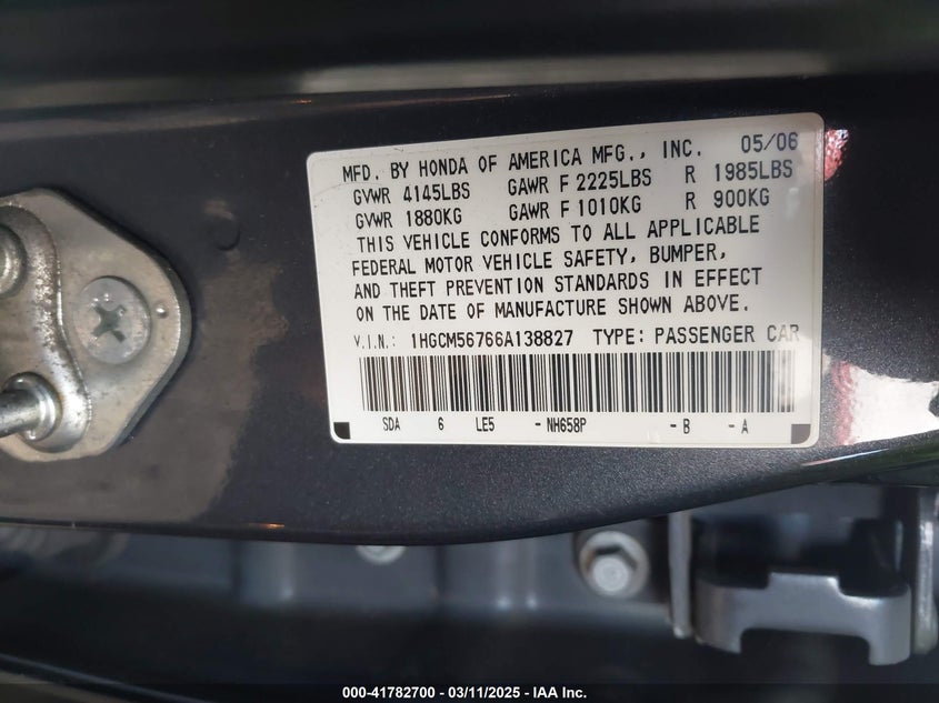 2006 HONDA ACCORD VIN: 1HGCM56766A138827