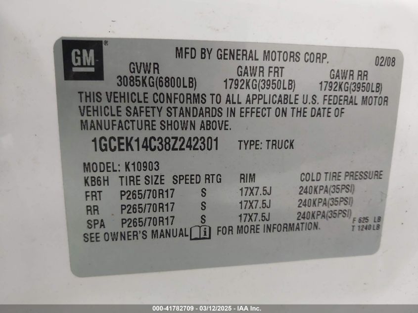 2008 Chevrolet Silverado 1500 Work Truck VIN: 1GCEK14C38Z242301 Lot: 41782709