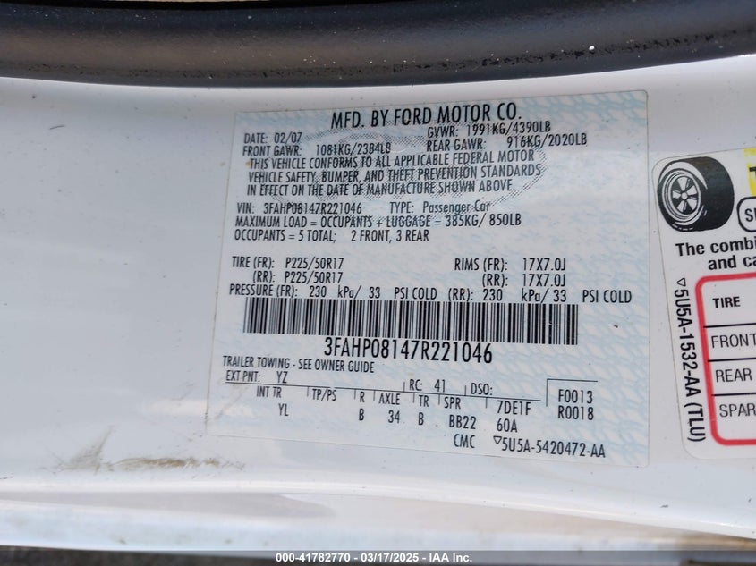 2007 FORD FUSION VIN: 3FAHP08147R221046