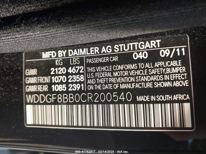 2012 MERCEDES-BENZ C VIN: WDDGF8BB0CR200540