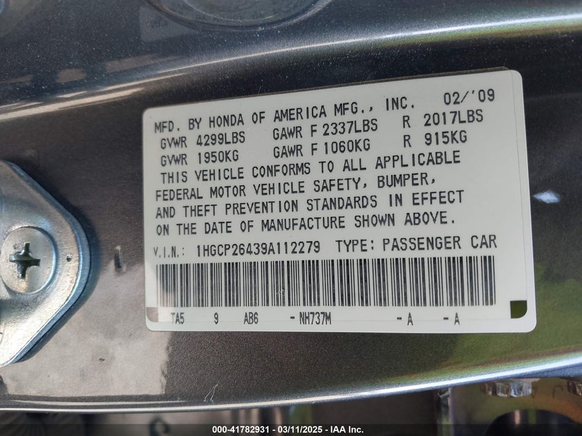 2009 HONDA ACCORD VIN: 1HGCP26439A112279