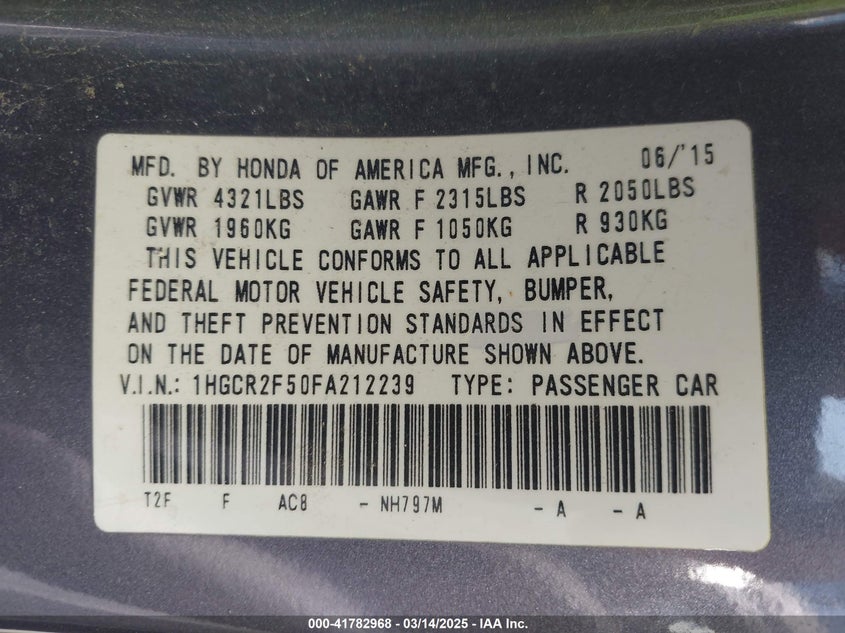 2015 HONDA ACCORD VIN: 1HGCR2F50FA212239