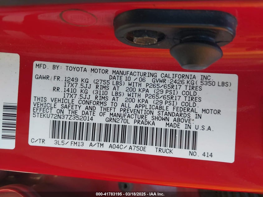 2007 TOYOTA TACOMA VIN: 5TEKU72N37Z352014