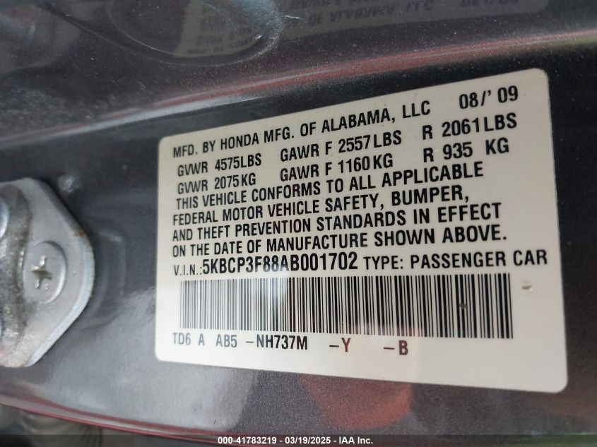 2010 Honda Accord 3.5 Ex-L VIN: 5KBCP3F88AB001702 Lot: 41783219
