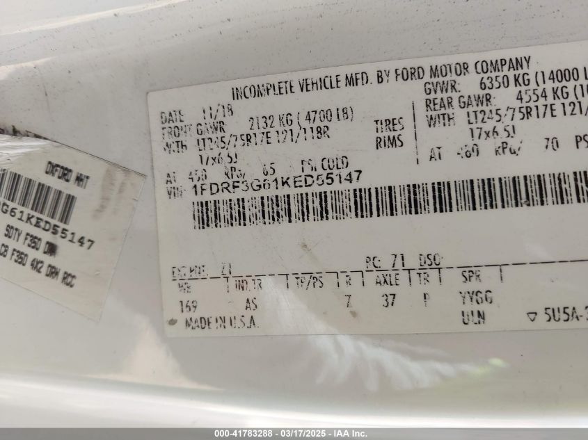 2019 Ford F-350 Chassis Xl VIN: 1FDRF3G61KED55147 Lot: 41783288