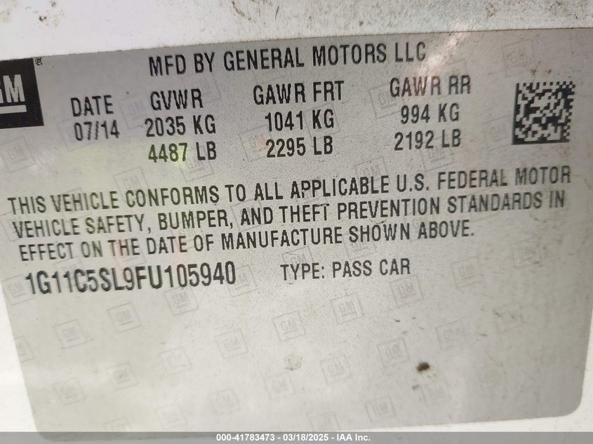 2015 CHEVROLET MALIBU VIN: 1G11C5SL9FU105940