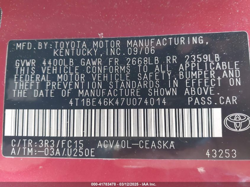 2007 Toyota Camry Se VIN: 4T1BE46K47U074014 Lot: 41783478