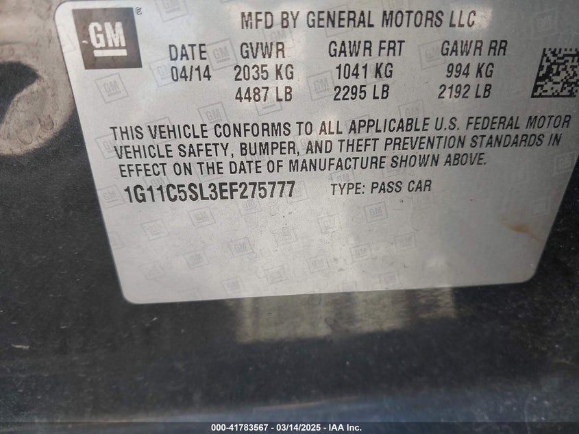 2014 CHEVROLET MALIBU VIN: 1G11C5SL3EF275777