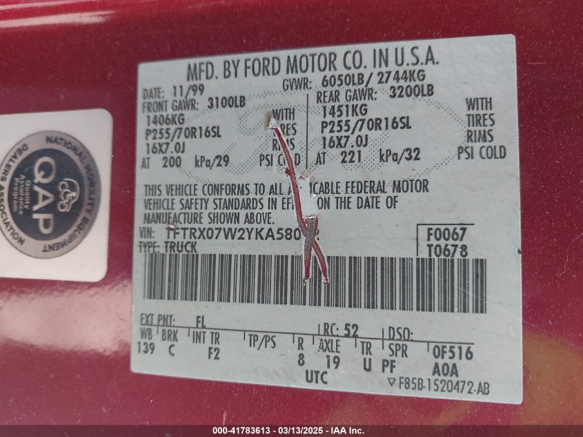 2000 Ford F-150 Lariat/Xl/Xlt VIN: 1FTRX07W2YKA58012 Lot: 41783613