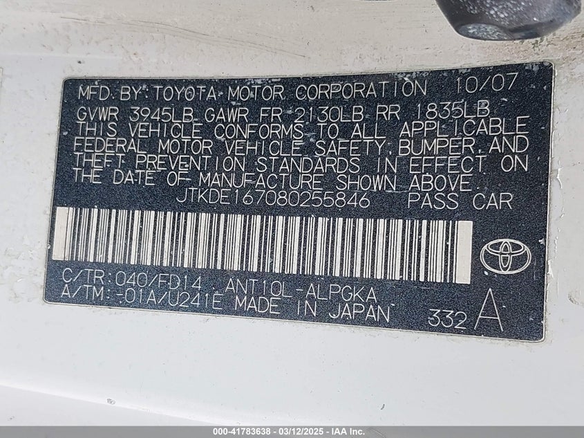 2008 TOYOTA SCION TC VIN: JTKDE167080255846