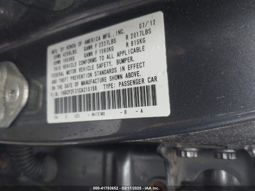 2012 Honda Accord 2.4 Lx VIN: 1HGCP2F31CA215196 Lot: 41783652