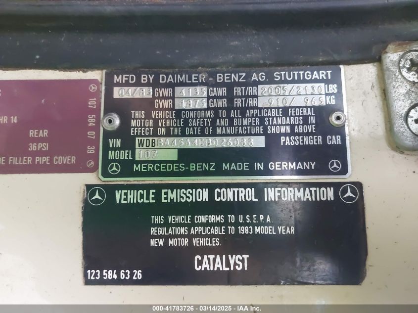 1983 Mercedes-Benz 380 Sl VIN: WDBBA45A4DB026088 Lot: 41783726