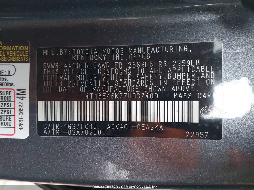 2007 TOYOTA CAMRY VIN: 4T1BE46K77U037409