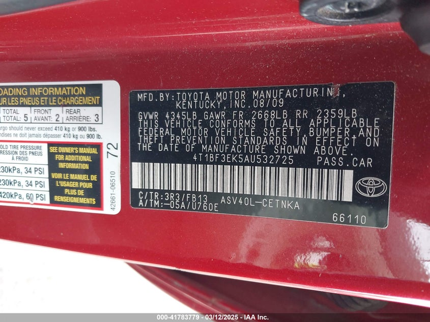 2010 TOYOTA CAMRY VIN: 4T1BF3EK5AU532725