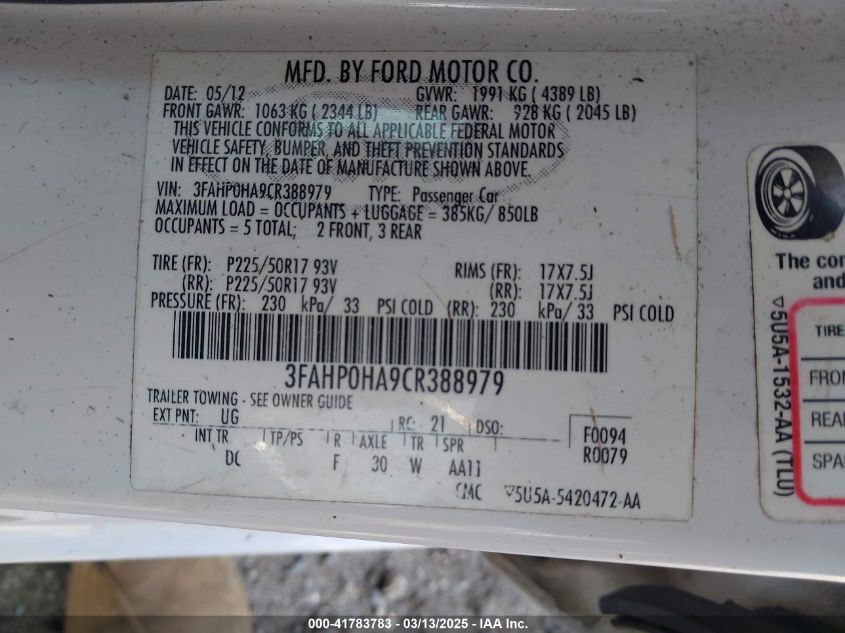 2012 Ford Fusion Se VIN: 3FAHP0HA9CR388979 Lot: 41783783