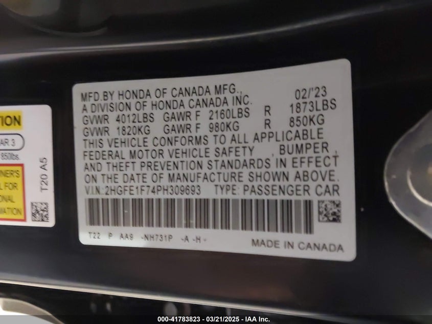 2023 HONDA CIVIC VIN: 2HGFE1F74PH309693