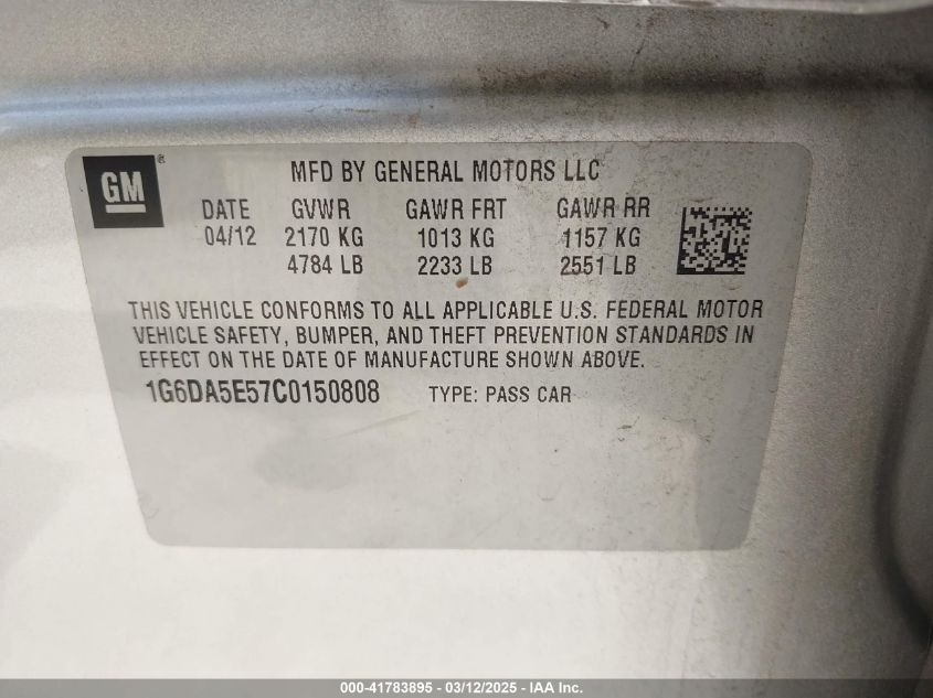 2012 Cadillac Cts Standard VIN: 1G6DA5E57C0150808 Lot: 41783895