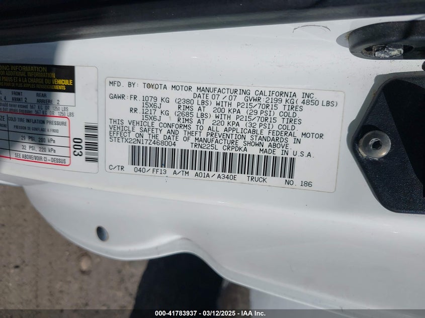 2007 TOYOTA TACOMA VIN: 5TETX22N17Z468004