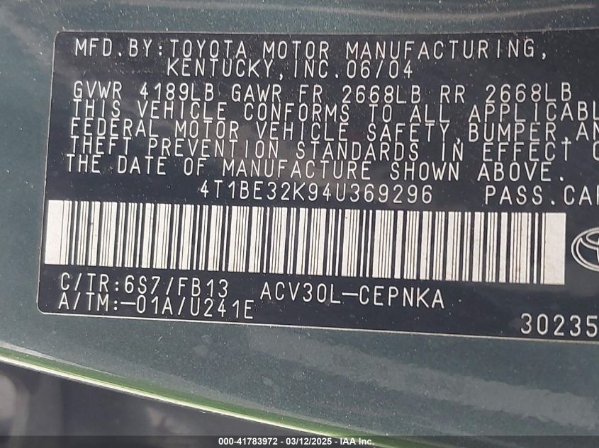 2004 Toyota Camry Le VIN: 4T1BE32K94U369296 Lot: 41783972