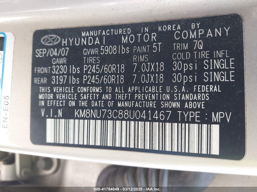 2008 HYUNDAI VERACRUZ VIN: KM8NU73C88U041467