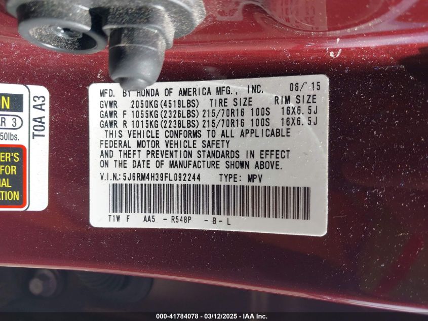 2015 Honda Cr-V Lx VIN: 5J6RM4H39FL092244 Lot: 41784078