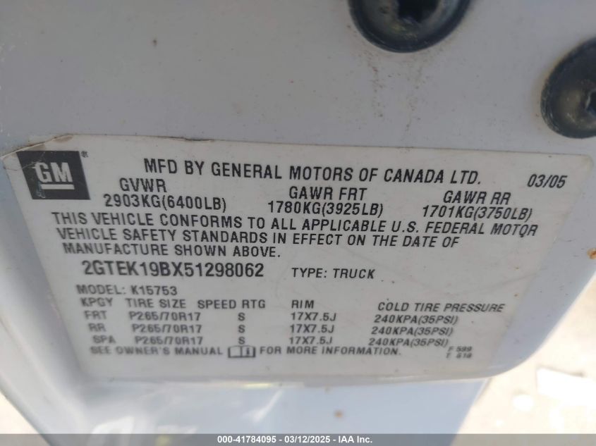 2005 GMC Sierra 1500 Sle VIN: 2GTEK19BX51298062 Lot: 41784095
