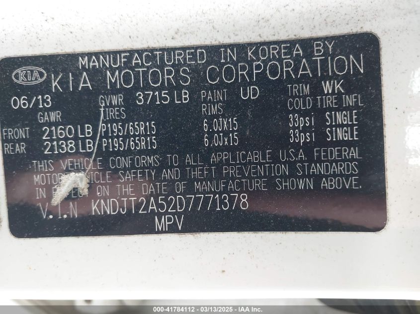 2013 Kia Soul VIN: KNDJT2A52D7771378 Lot: 41784112