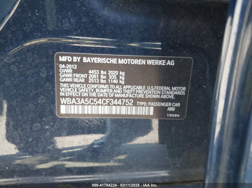2012 BMW 328I VIN: WBA3A5C54CF344752 Lot: 41784224