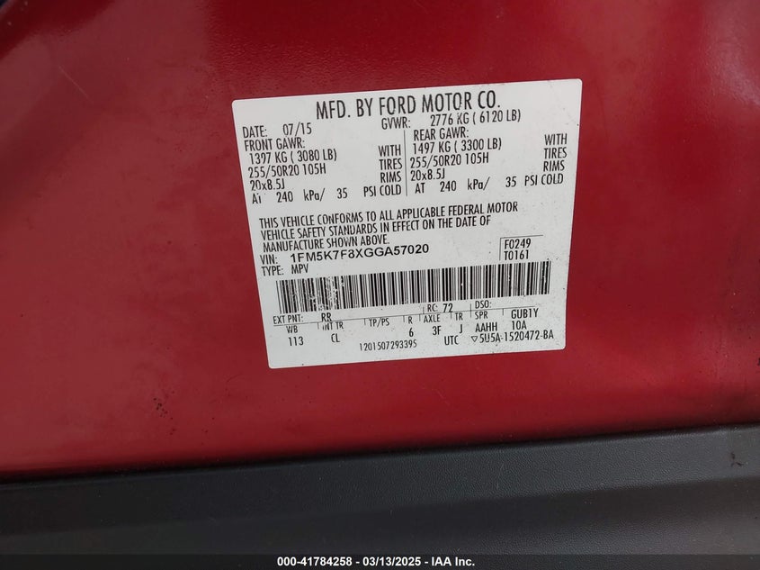 2016 FORD EXPLORER LIMITED - 1FM5K7F8XGGA57020