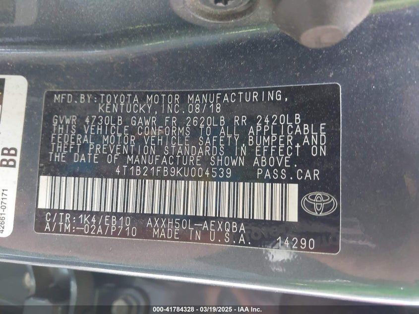 2019 TOYOTA AVALON HYBRID VIN: 4T1B21FB9KU004539