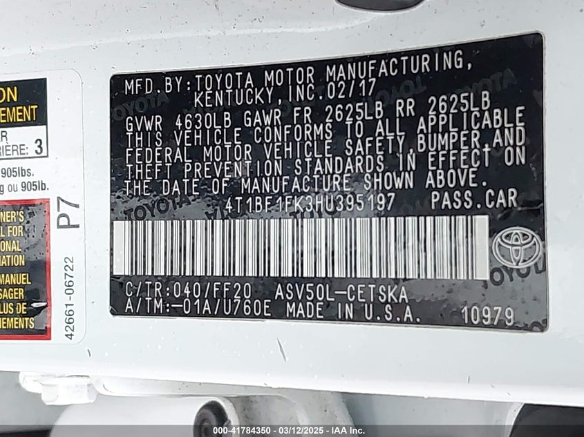 2017 TOYOTA CAMRY VIN: 4T1BF1FK3HU395197