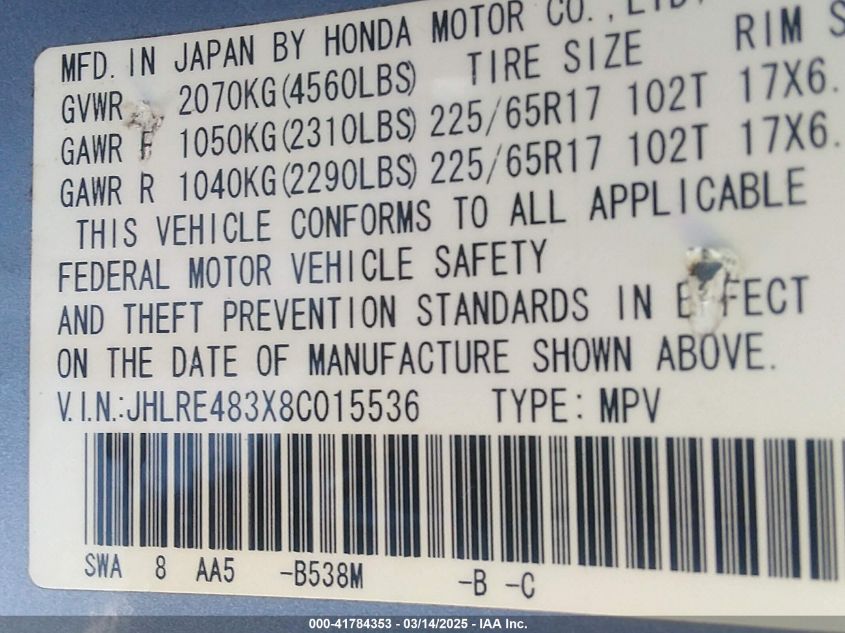 2008 Honda Cr-V Lx VIN: JHLRE483X8C015536 Lot: 41784353