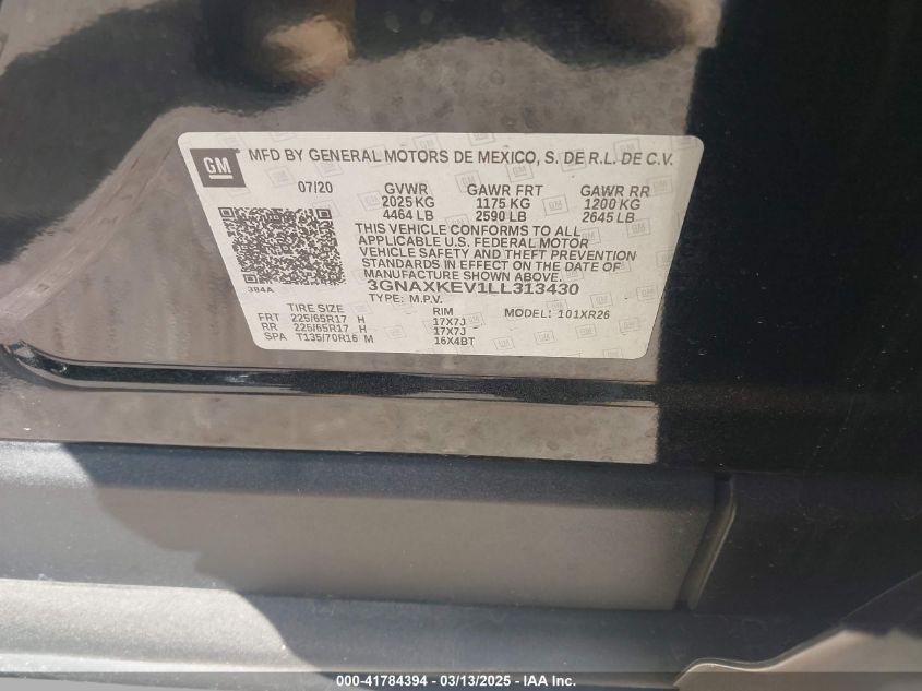 2020 Chevrolet Equinox Fwd Lt 1.5L Turbo VIN: 3GNAXKEV1LL313430 Lot: 41784394