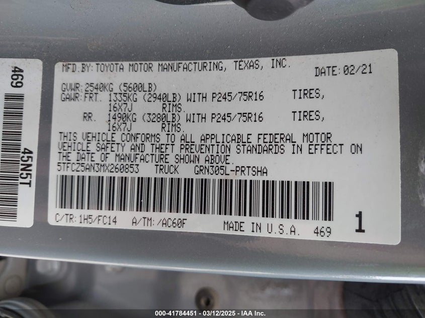 2021 TOYOTA TACOMA VIN: 5TFCZ5AN3MX260853