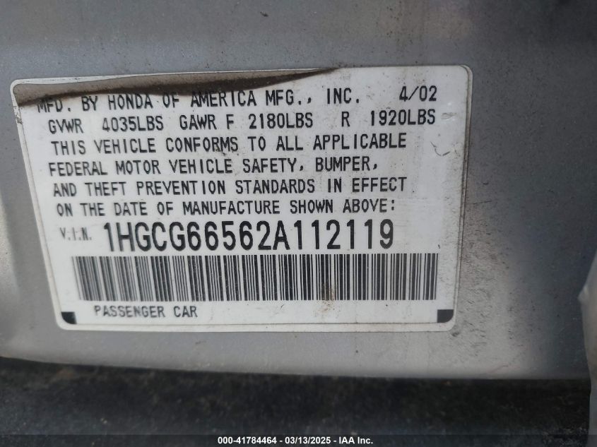 2002 Honda Accord 2.3 Lx VIN: 1HGCG66562A112119 Lot: 41784464