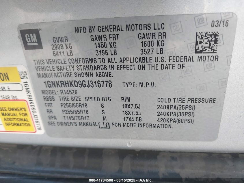 2016 Chevrolet Traverse 2Lt VIN: 1GNKRHKD9GJ316778 Lot: 41784508