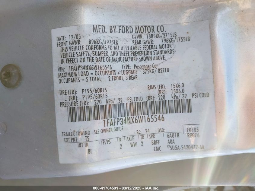 2006 Ford Focus Zx4 VIN: 1FAFP34NX6W165546 Lot: 41784591