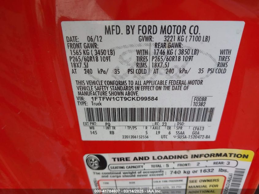 2012 Ford F-150 Fx2 VIN: 1FTFW1CT9CKD99584 Lot: 41784607