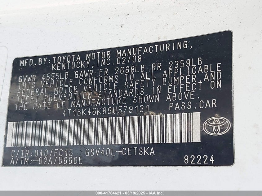 2009 TOYOTA CAMRY VIN: 4T1BK46K89U579131