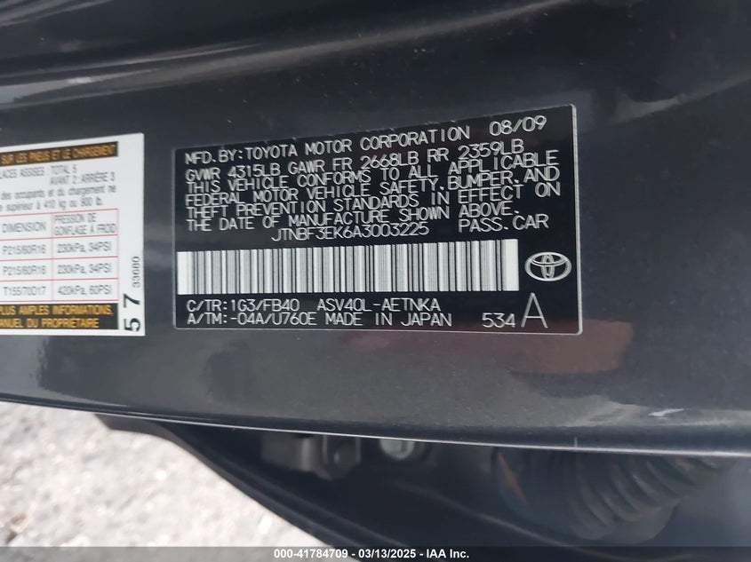 2010 TOYOTA CAMRY VIN: JTNBF3EK6A3003225