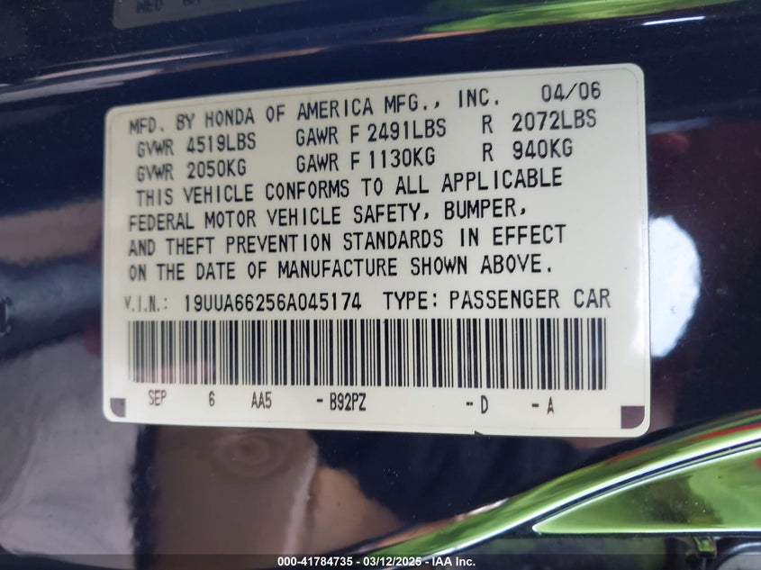 2006 ACURA TL VIN: 19UUA66256A045174