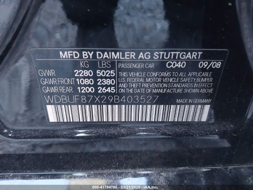 2009 Mercedes-Benz E 350 4Matic VIN: WDBUF87X29B403527 Lot: 41784780