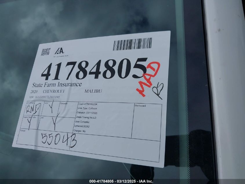 2020 Chevrolet Malibu Fwd Lt VIN: 1G1ZD5ST7LF013192 Lot: 41784805