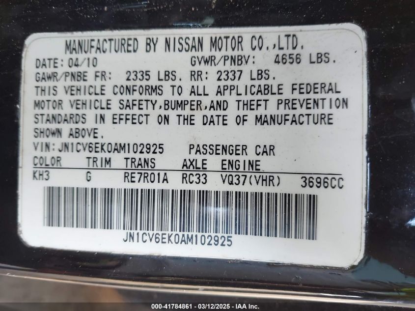 2010 Infiniti G37 Journey VIN: JN1CV6EK0AM102925 Lot: 41784861