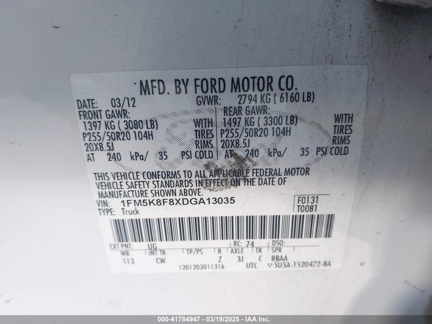 2013 FORD EXPLORER LIMITED - 1FM5K8F8XDGA13035