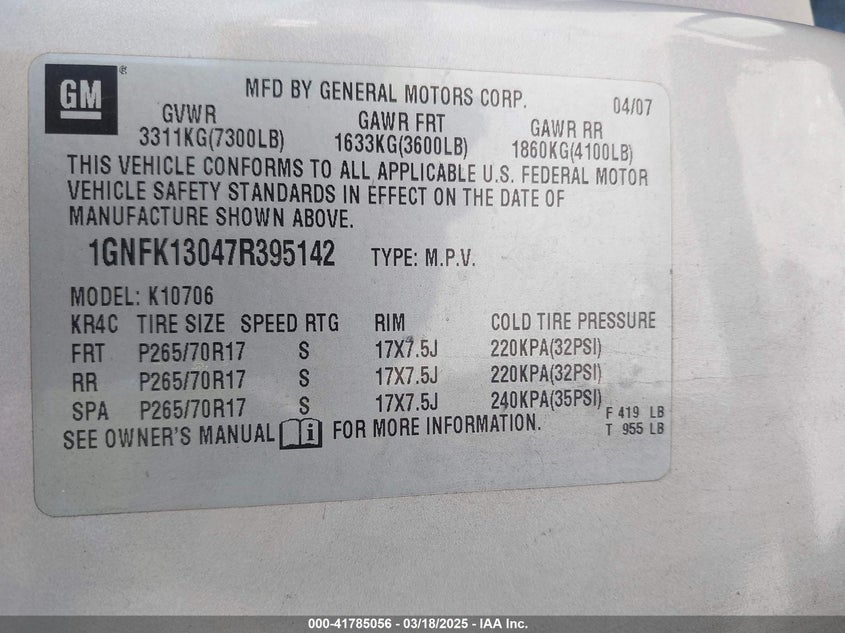 2007 Chevrolet Tahoe Lt VIN: 1GNFK13047R395142 Lot: 41785056