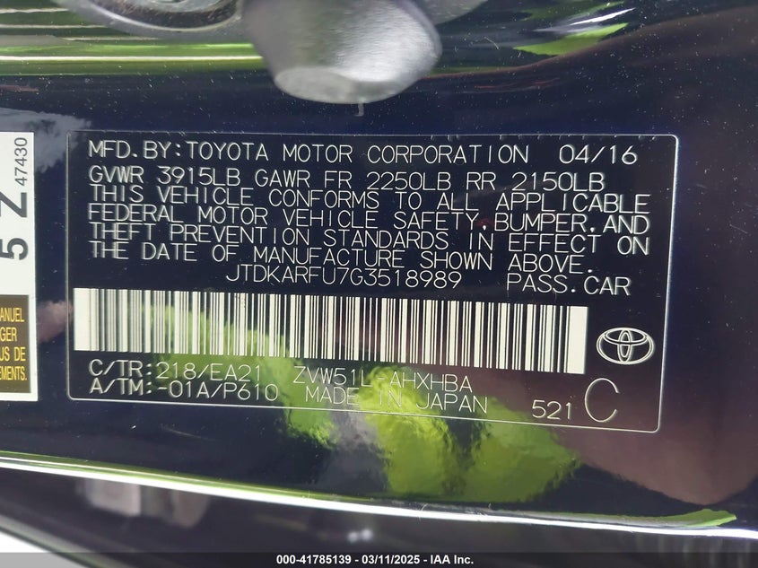2016 TOYOTA PRIUS VIN: JTDKARFU7G3518989